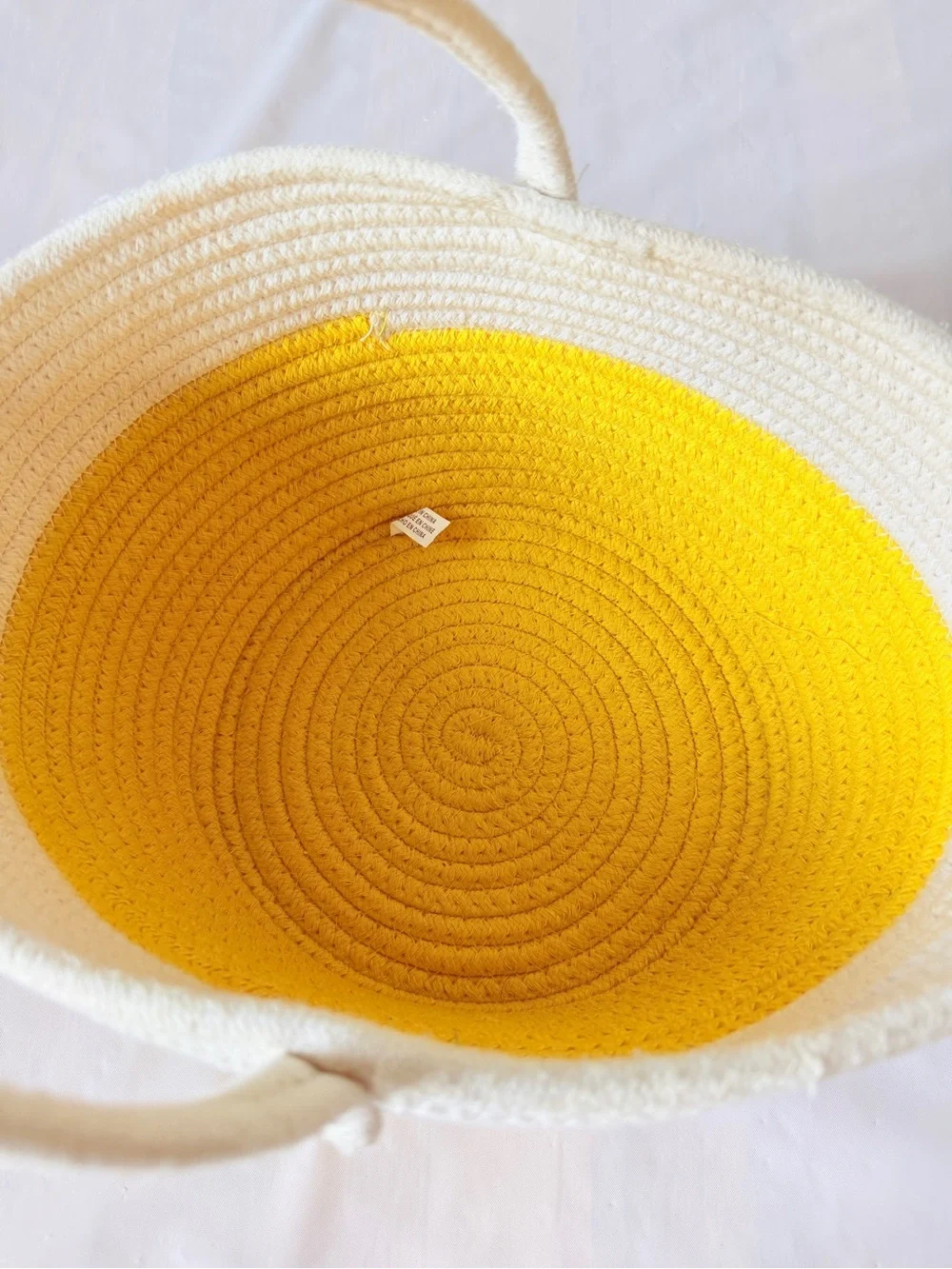 Yellow Cream Coiled Cotton Rope Basket Tote Single Handle Storage Decorative